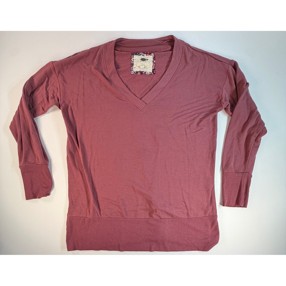 Cupio Blush Womens Large Mauve V-Neck Long Sleeve Ribbed Knit Pullover Top